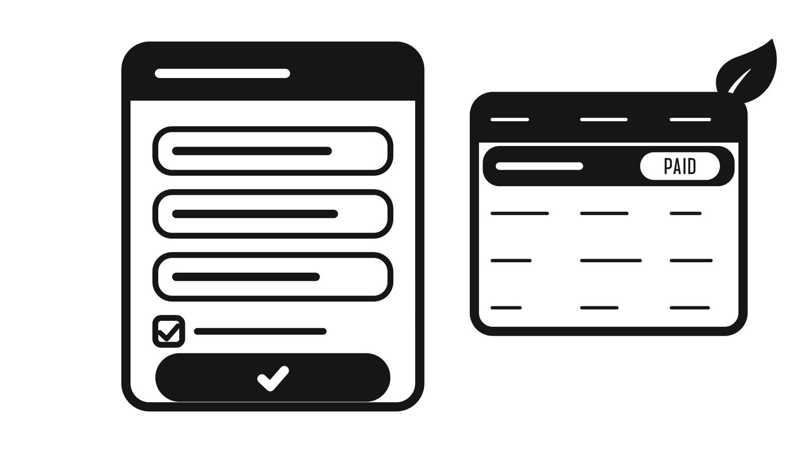 A form being filled in, and a paid record landing in a table.