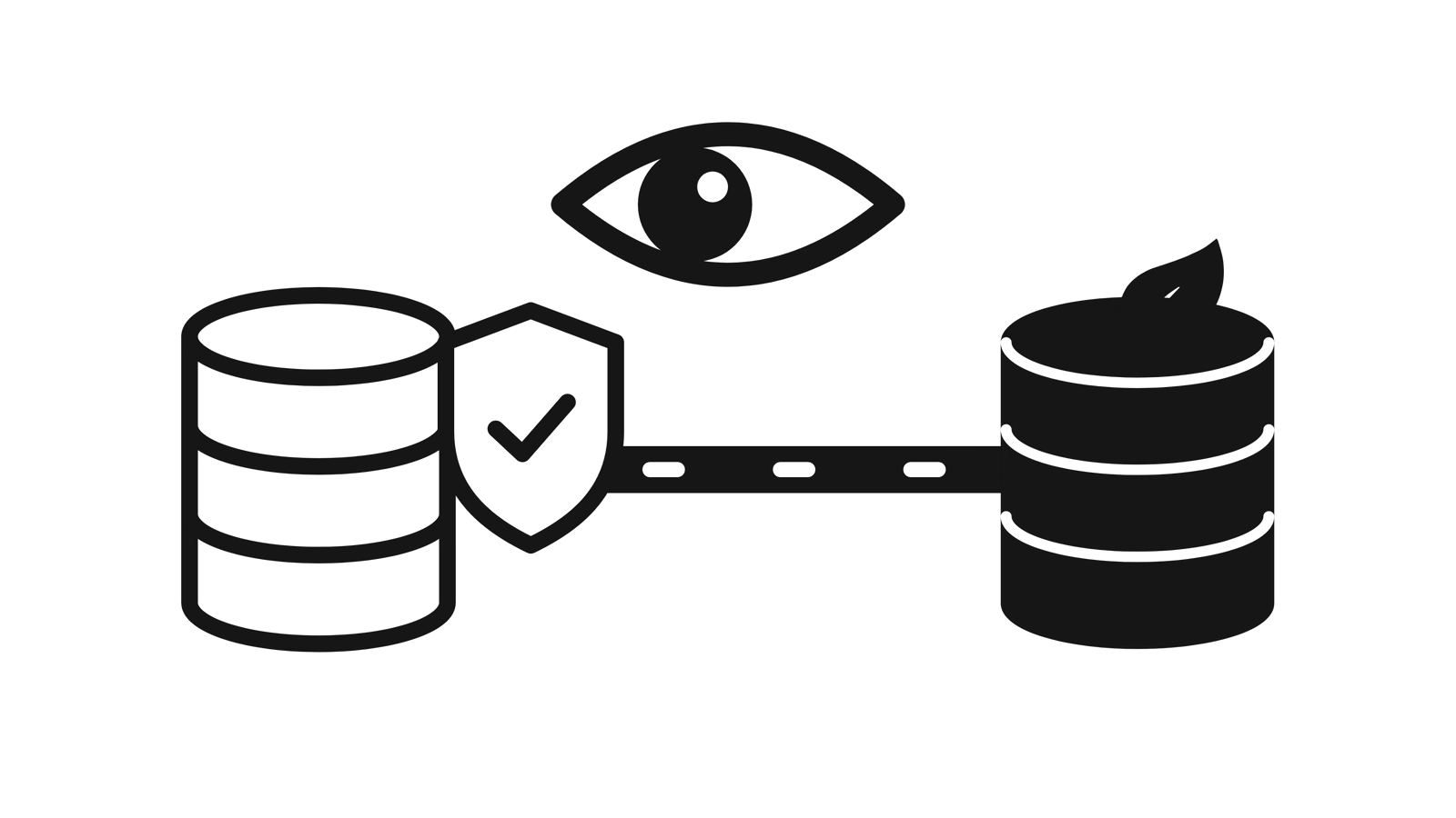A source database behind a shield, with data flowing one way into Riosoma under a watchful eye.
