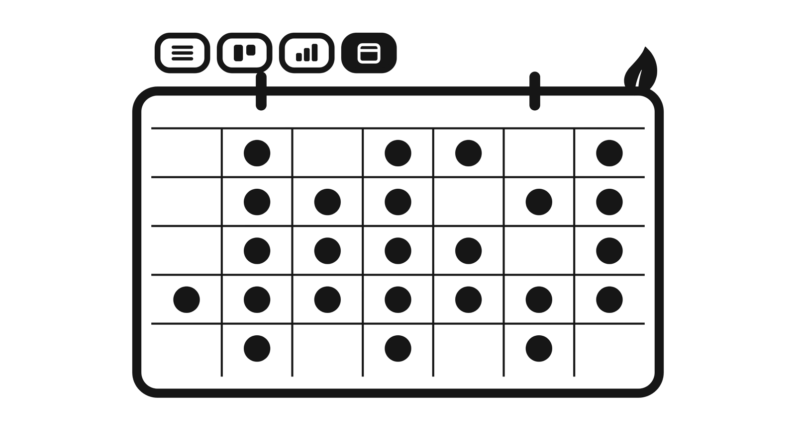 One set of records laid out on a calendar, with buttons above it for other kinds of view.