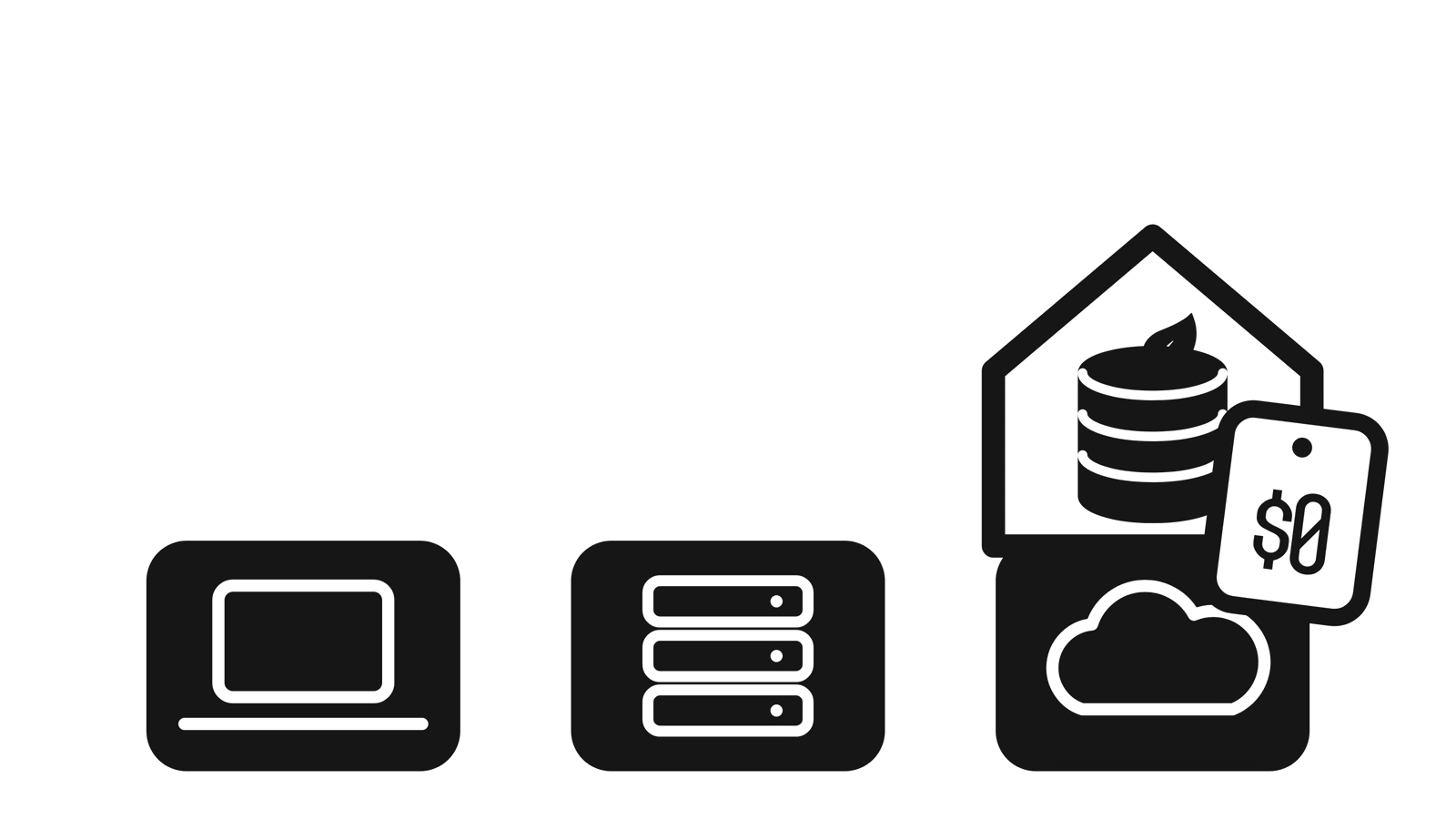 A laptop, a server, and a cloud, with a database in a little house wearing a price tag of zero dollars.